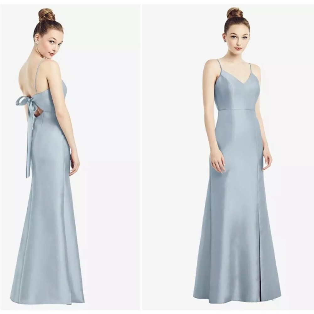 ALFRED SUNG Spaghetti Strap bow tie satin trumpet gown - D780 mist light blue